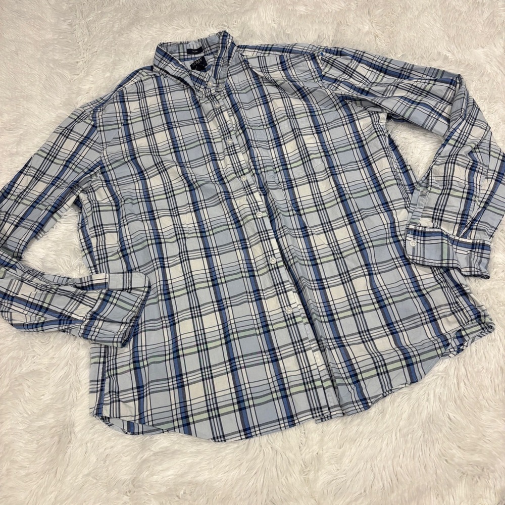J Crew Large Mens Shirt Large Slim Fit Flex Washed Blue Red Plaid Button Down
